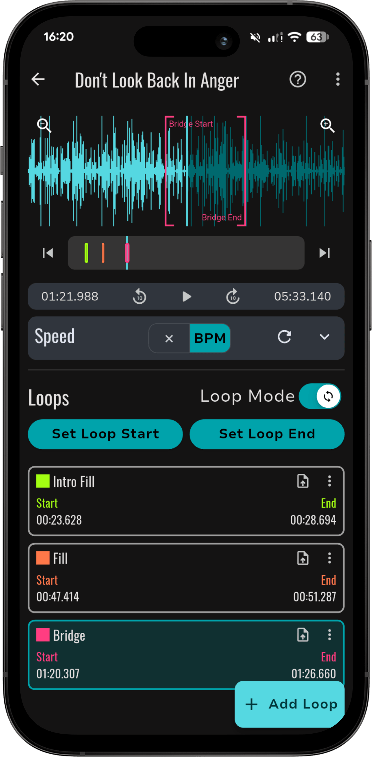 RepeatLab waveform with A-B loop markers
